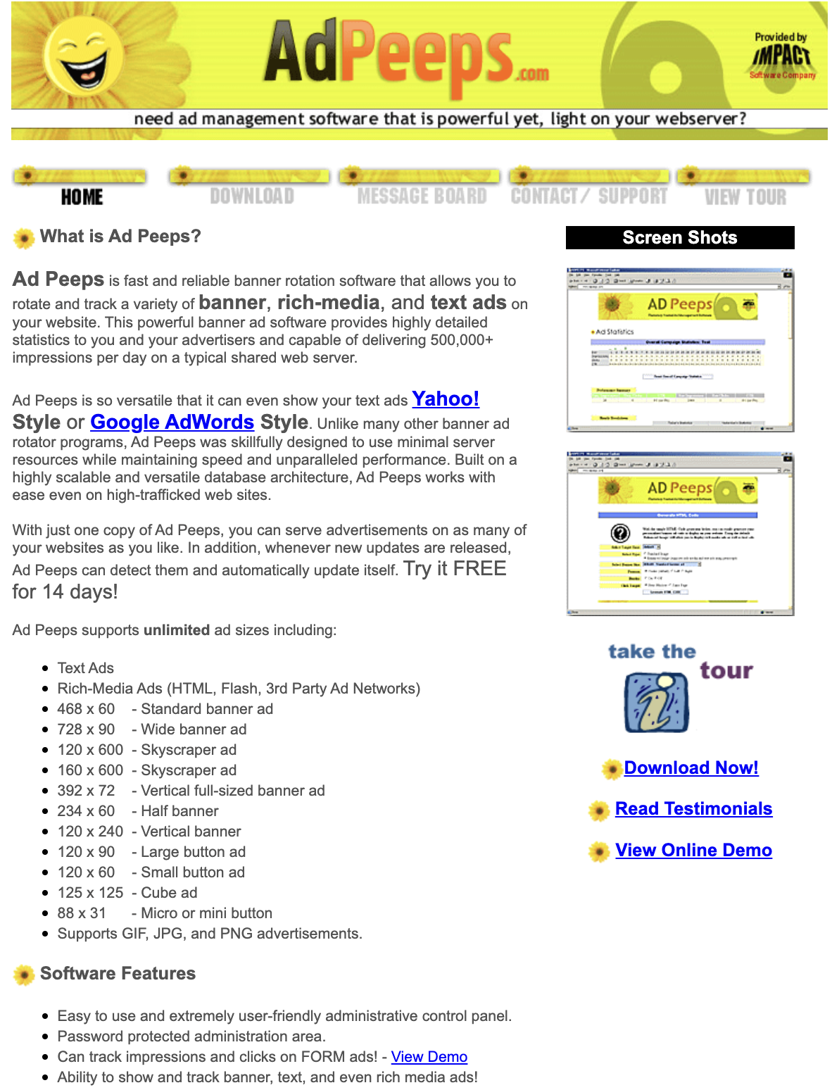 Original AdPeeps Website from 2003 - IMPACT Software Company